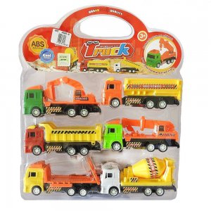 SET DE CAMIONES CONSTRUCTORES EN BLISTER A FRICCIÓN. PLÁSTICO. 6 PIEZAS. 26 CM X 32 CM X 4 CM. 1 SOLO MODELO